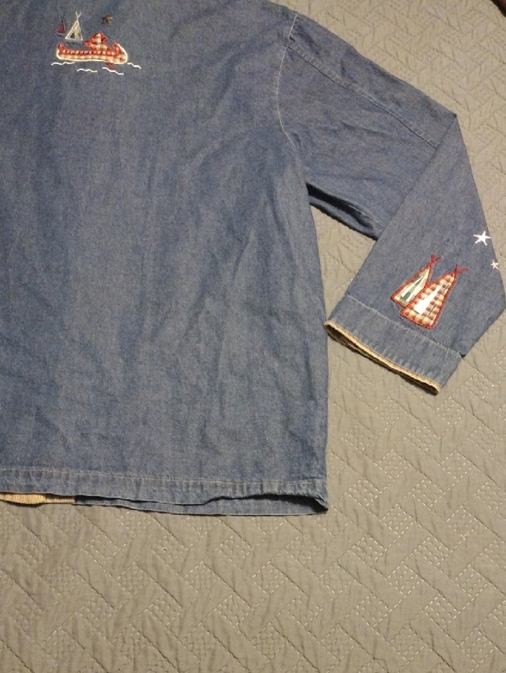 Vintage Teddi Blue Denim Jacket with Tan Corduroy Collar and Red Stitching - Picture 13 of 14